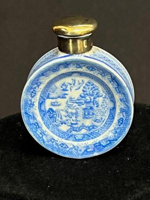 Tiny Blue Willow Porcelain Perfume Miniature Bottle with Old Hallmarks
