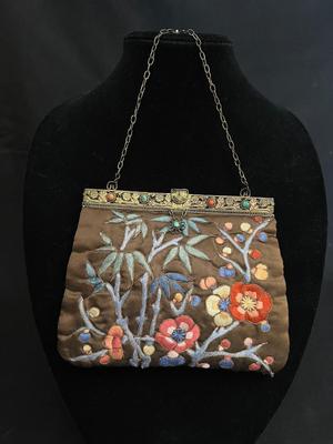 Antique Chinese Embroidered Silk Purse with Jewel Studded Clasp - Pristine!