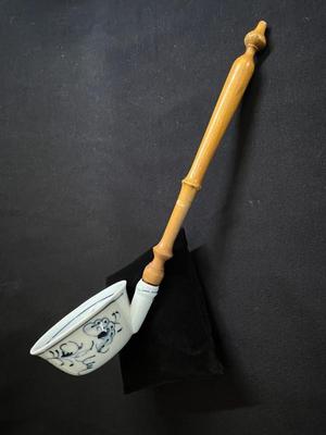 Antique Blue Onion Ladle with Wooden Handle