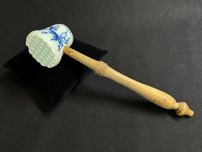 Antique Blue Onion Porcelain Tenderizer Wood Handle