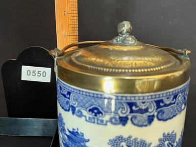 Beautiful Antique Blue Willow Biscuit Barrel Jar with Engraved Brass and Silverplate lid