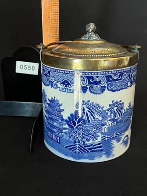 Beautiful Antique Blue Willow Biscuit Barrel Jar with Engraved Brass and Silverplate lid