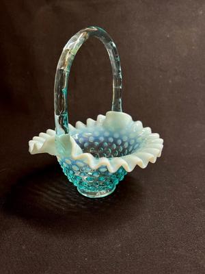 Antique Fenton Opalescent Frilled Edge Hobnail Glass Basket