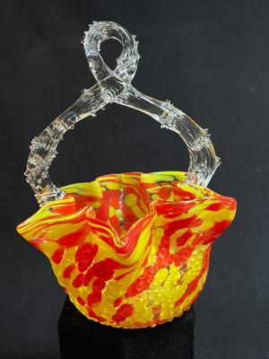 Stunning Art Glass Orange Yellow Spatter Basket Thorn Handle