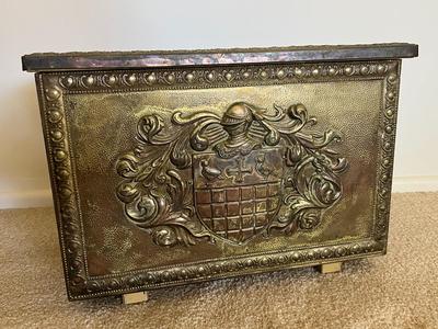 Vintage Hammered Brass Over Metal Embossed Coat of Arms Knight Storage Chest Trunk Coal Box - ARCADIA