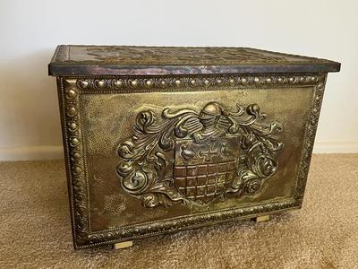 Vintage Hammered Brass Over Metal Embossed Coat of Arms Knight Storage Chest Trunk Coal Box - ARCADIA