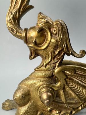 Antique Victorian Gothic Brass Metal Griffin Dragon Winged Lion Holding Candle Sconce in Mouth