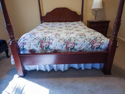 Full Size Mahogany Four Poster Bed with Mattress and Springs