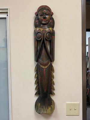Vintage Tiki Tribal Hindu Balinese Painted Carved Wood Wall Hanging Mermaid Siren Statue