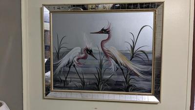 M Devoe Style Egret/Heron Mid Century Painting