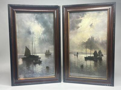 Pair of Retro Framed JW Gozzard Boats at Anchor in Moonlight Nautical Art Prints