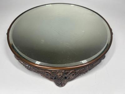 Vintage Victorian Style Plateau Footed Round Metal Frame Centerpiece Base Mirror