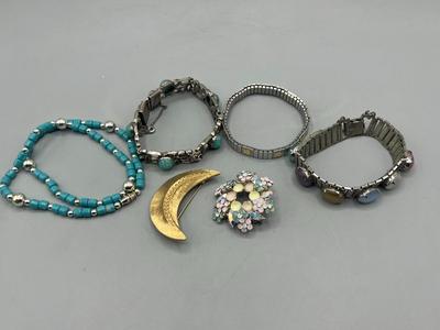 Lot of Womens Fashion Jewelry Rock Jewel Bracelet, Crescent Moon Lapel Pin, & More