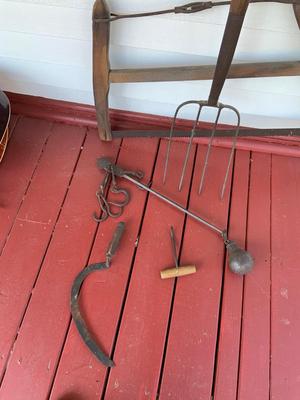 LOT:58: Antique Farm Tools: Saw, Pitchfork, Hand Held Sickle, Hanging Scale