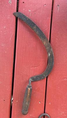 LOT:58: Antique Farm Tools: Saw, Pitchfork, Hand Held Sickle, Hanging Scale