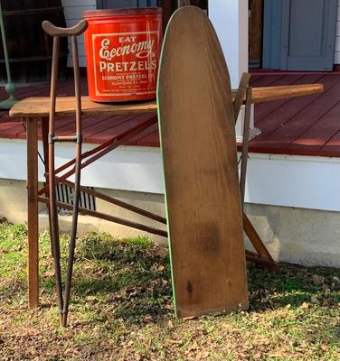 LOT:59G: Primitive/Vintage Ironing Boards, Crutch, and  Economy Pretzel Tin.