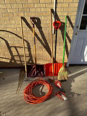 HANDSAW, SNOW SHOVEL, EXTENSION CORD, WORK LIGHT AND HOE