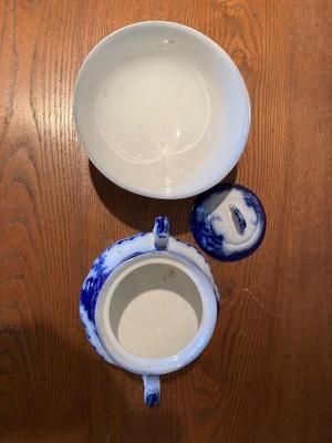 Vintage Ovado flow blue porcelain sugar bowl and bowl