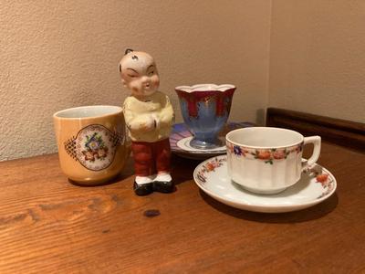 Vintage made in occupied Japan demitasse teacups with saucers and little boy