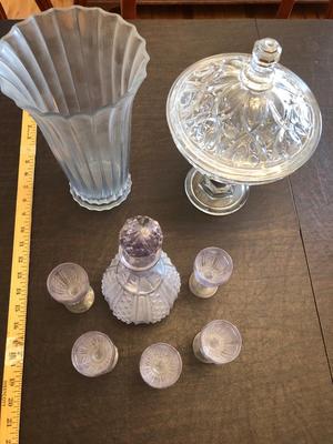 Antique amethyst decanter, and other glassware
