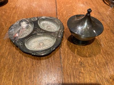 Vintage silver plate covered compote  and divided serving dish with spoon