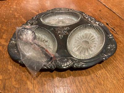 Vintage silver plate covered compote  and divided serving dish with spoon