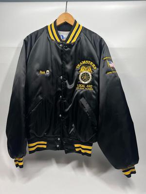 Retro Large Teamsters Black & Yellow Nylon Logo Bomber Jacket with International Brotherhood of Teamsters Button