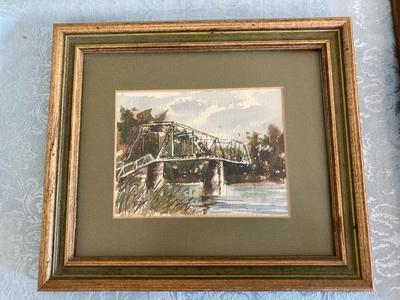 Framed, matted watercolor print of Bridge