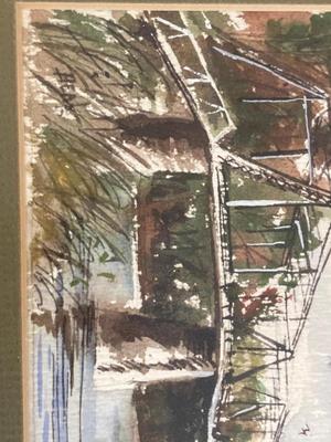 Framed, matted watercolor print of Bridge