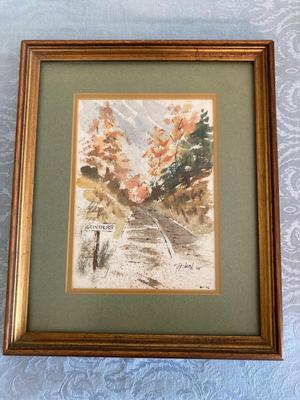 Framed, matted watercolor print road nature scene â€œGrindersâ€