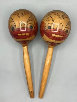 Pair of Retro Made in Mexico Ancient Face Motif Maraca Instrument Shakers