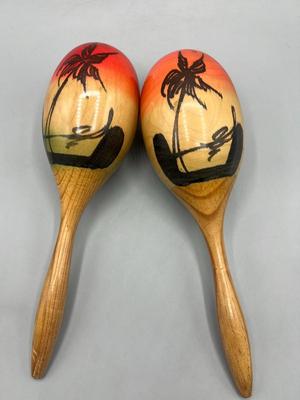 Retro Pair Tropical Sunset Palm Beach Musical Instrument Maraca Shakers