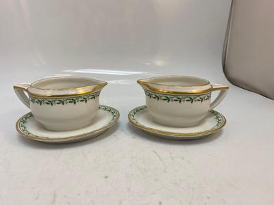 Pair of Christmas Holiday Holly Leaf Pattern Small Sauce Gravy Boats with Attached Drip Plates H&C Chodau