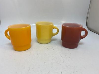 Set of 3 Warm Tone Fire King Anchor Hocking Yellow Orange Red Coffee Cups White Glass