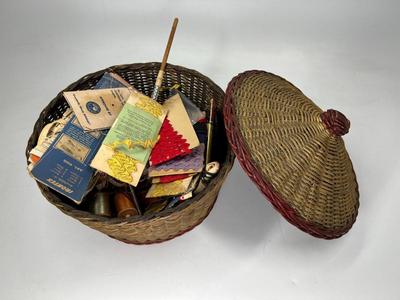 Vintage Weaved Basket Filled with Crafting Material Sewing Thread, Needles, Zippers, Cloth Trim, & More