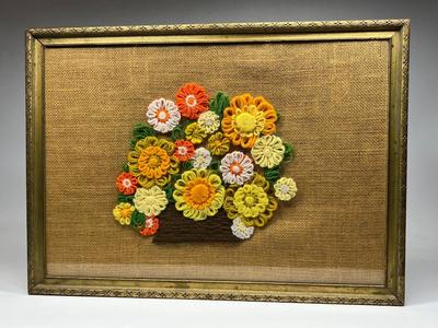 Vintage Framed Colorful Crochet Crafting Art Cottagecore 1970's Flowers