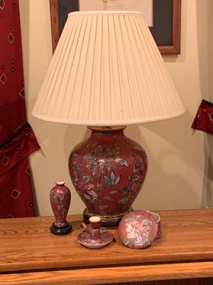 LOT:61G: Ginger Jar Style Lamp, Vase, Candle Holder and Box w/Floral Motify