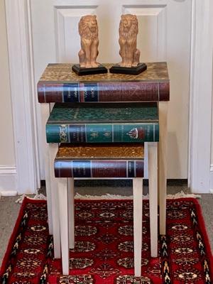 LOT:64G: Faux Book Tops Nesting Tables & Lion Book Ends.