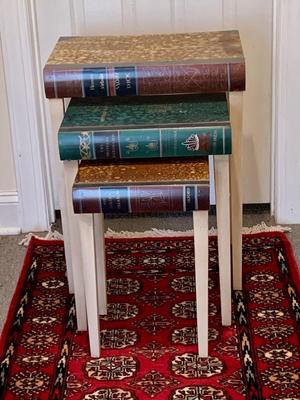 LOT:64G: Faux Book Tops Nesting Tables & Lion Book Ends.