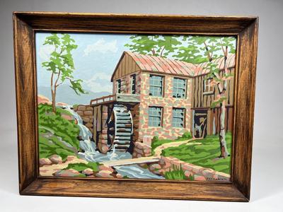 Vintage Paint by Number Stone Watermill Countryside Framed Art