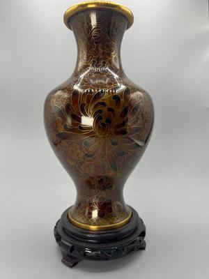 Vintage Beijing Cloisonne Ware Copper Body Oriental Flower Design on Wooden Pedestal