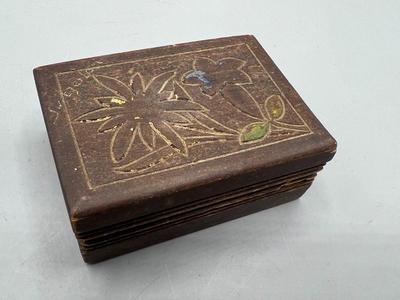 Small Vintage Etched Flower Design Wooden Jewelry Box