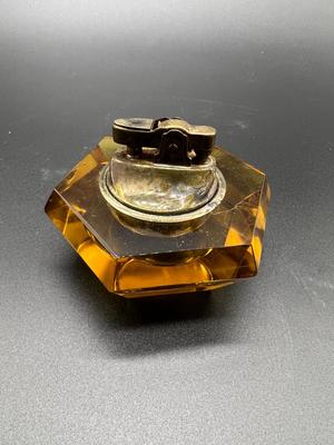 Vintage Amber Glass Lighter and Two Amber Ash Trays