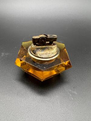 Vintage Amber Glass Lighter and Two Amber Ash Trays