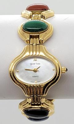 LOT66: Tiger's Eye, Carnelian, Malachite & More Gem Time Gem Stone Watch With Mother of Pearl Face