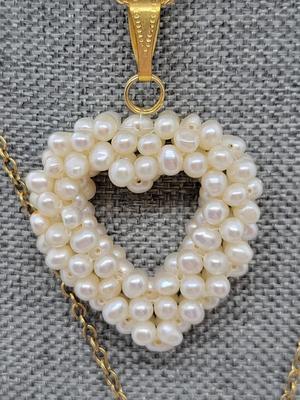 LOT68: Handsewn Freshwater pearl Heart pendant on 18