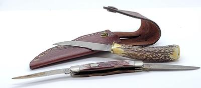 LOT88: Horn Handles Hunting Knife Set CAMILLUS  NY USA