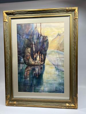 Framed Watercolor Native American Indian Maiden After NC Wyeth In the Crystal Depths with Original Receipt