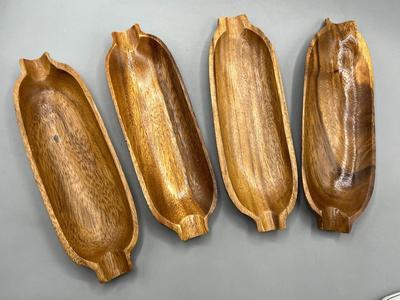 Set of 4 Carved Wood Monkeypod Corn Cob Holder Dish