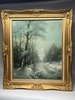 Vintage Framed Original Oil Painting Desolate Winter Snow Forest Artist Ray Hawkins